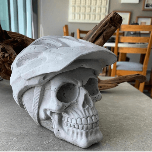 Skull with Mountain Bike Helment Concrete Ornament Figure