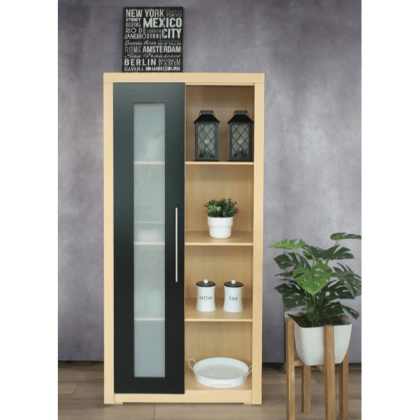 Asymmetric Shelf Sideboard / Glass & Wood Display Credenza / Open Shelving Buffet
