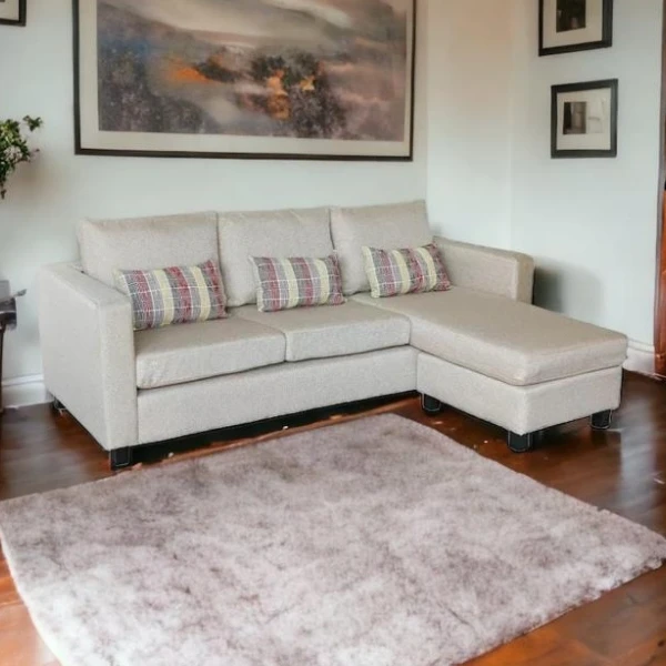 Saori Corner Suite / Pine Wood Sectional / Curry Fabric Sofa with Cushions