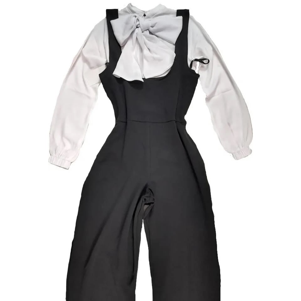 Bow Long Sleeve Blouse And Overalls Set