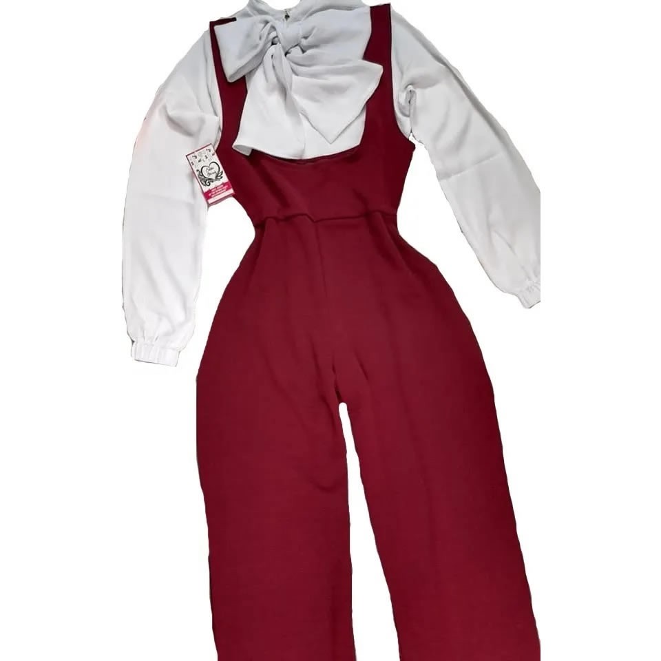 Bow Long Sleeve Blouse And Overalls Set