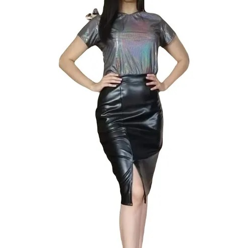 Vinyl Leather Pencil Skirt With Leg Opening
