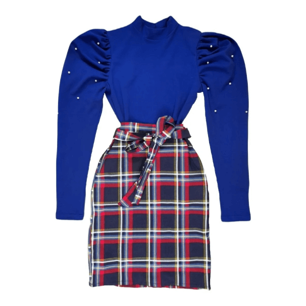 Plaid Skirt And Long Sleeve Bodycon Blouse With Pearls