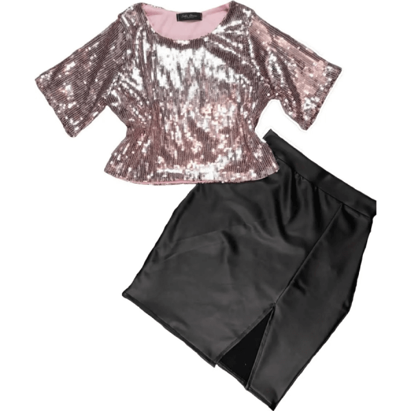 Vinileather Skirt With Slit And Sequined Blouse