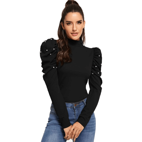 High Neck Pearls Long Sleeve Bodycon Blouse