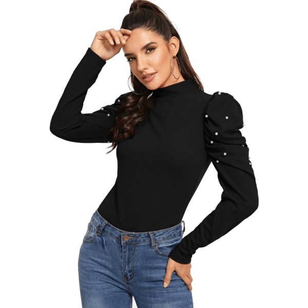 High Neck Pearls Long Sleeve Bodycon Blouse