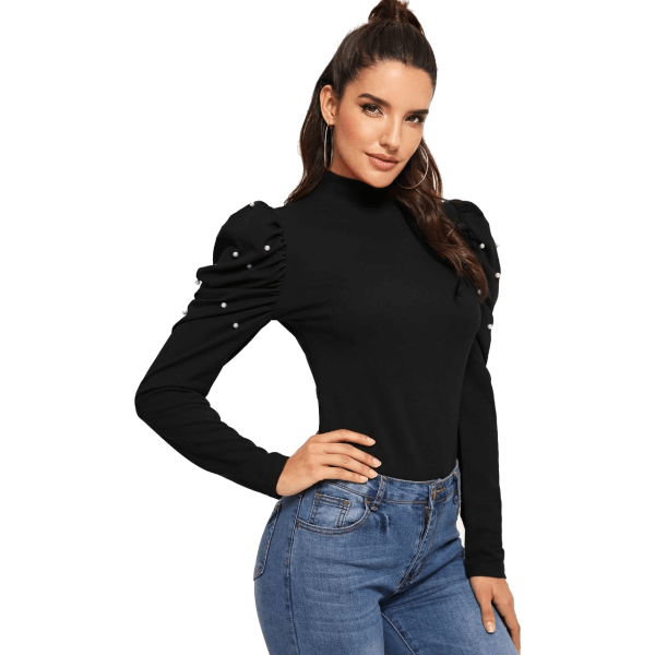 High Neck Pearls Long Sleeve Bodycon Blouse