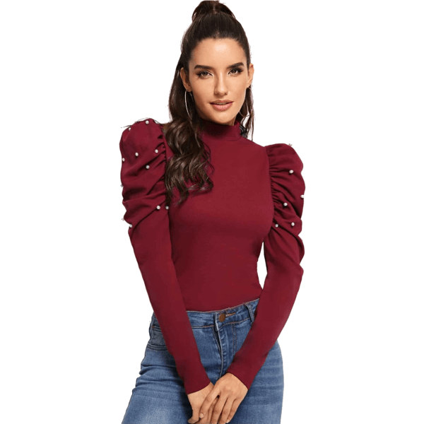 High Neck Pearls Long Sleeve Bodycon Blouse