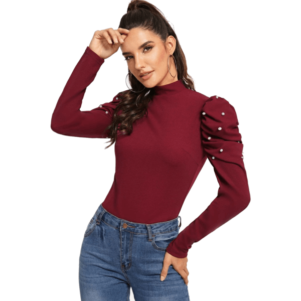 High Neck Pearls Long Sleeve Bodycon Blouse