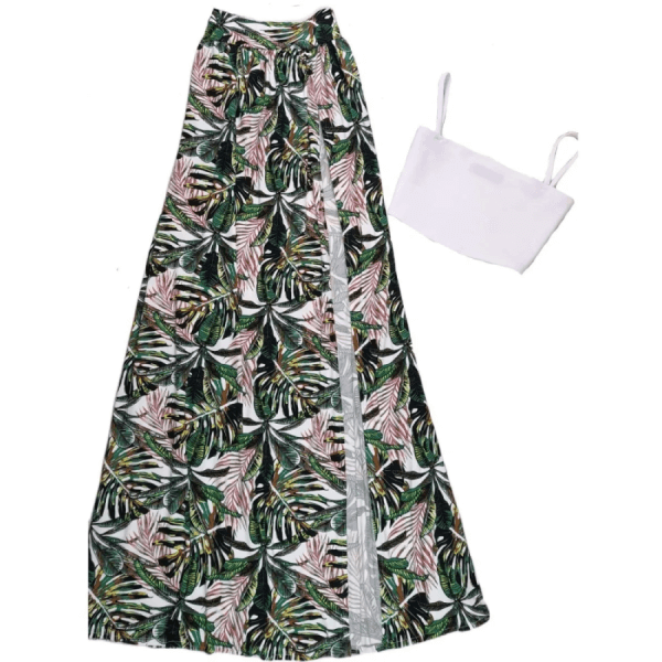 Long Skirt With Leg Slit And Tank Top Set