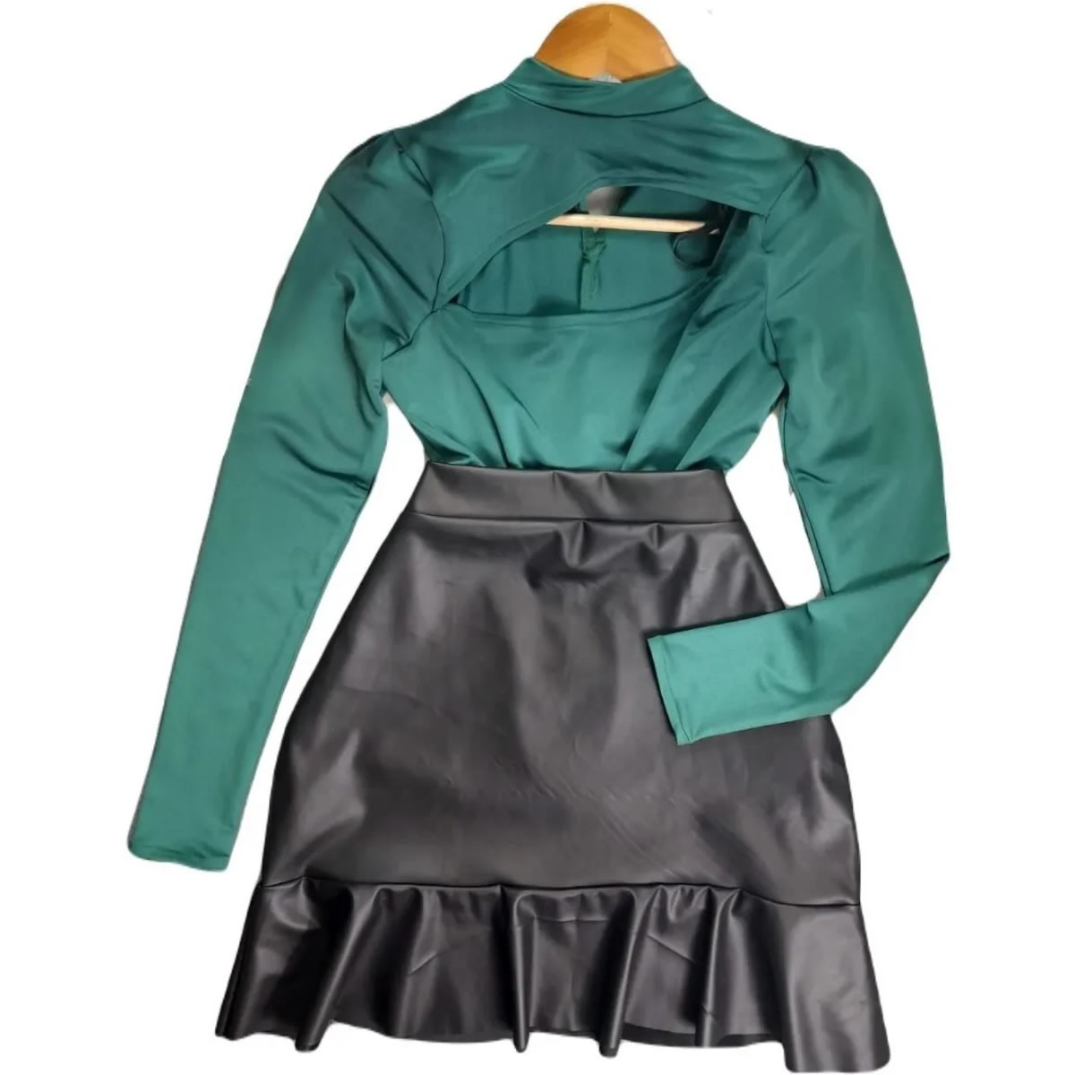 Long Sleeve Blouse And Vinyl Skirt Set