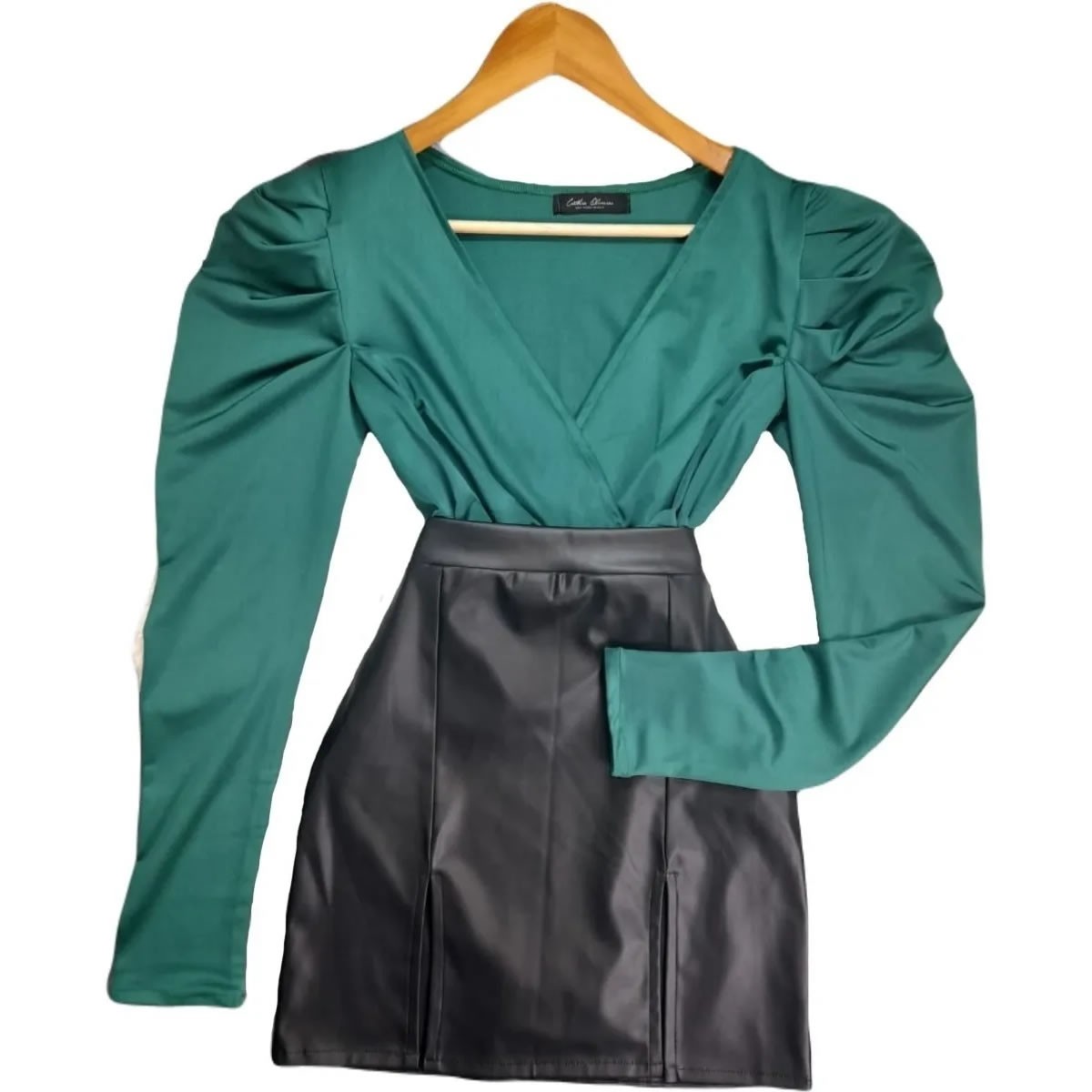 V Neck Long Sleeve Bodysuit And Vinyl Skirt Set