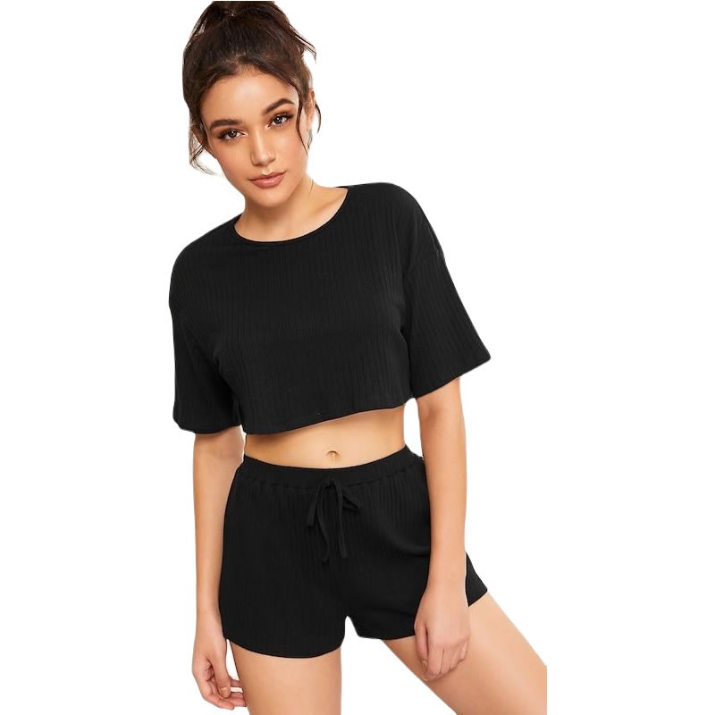Short Round Neck Blouse And Loose Drawstring Shorts Set