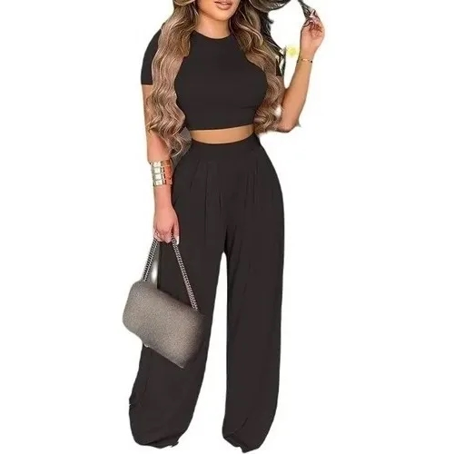 Blouse Set Round Neck Short Sleeve Baggy Pants