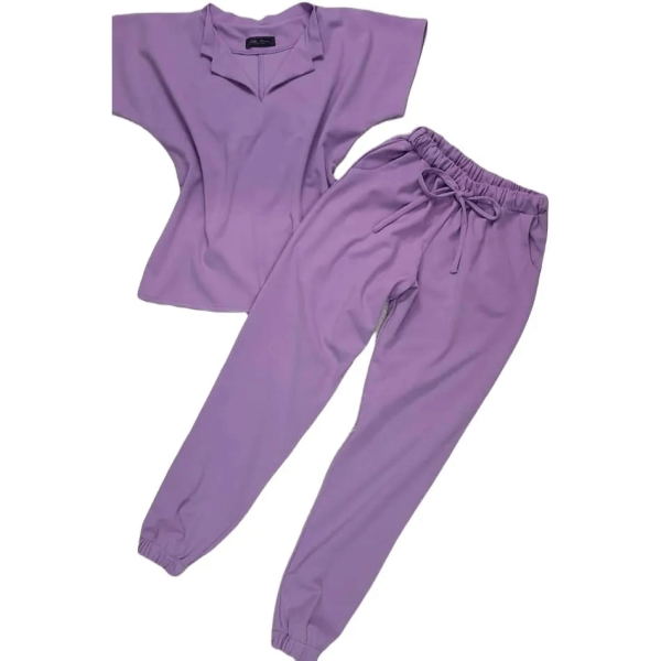 V Neck Blouse With View And Jogger Pants Set