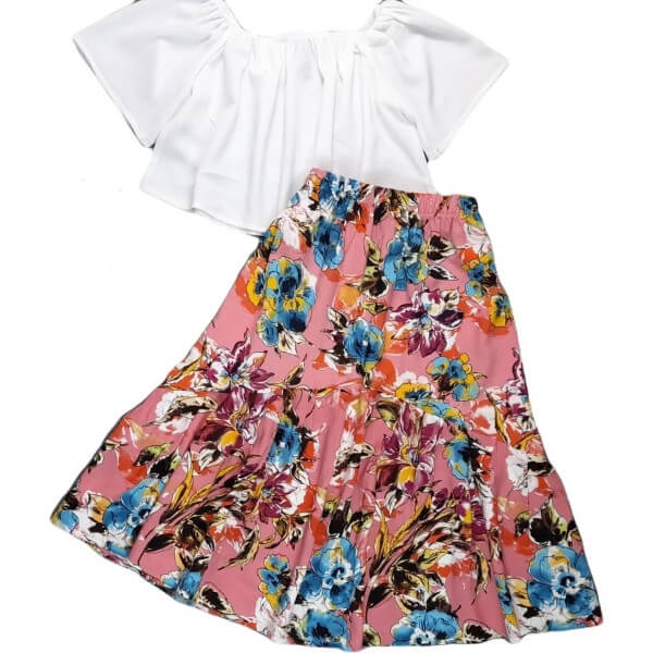 Loose Peasant Blouse With Floral Skirt Set