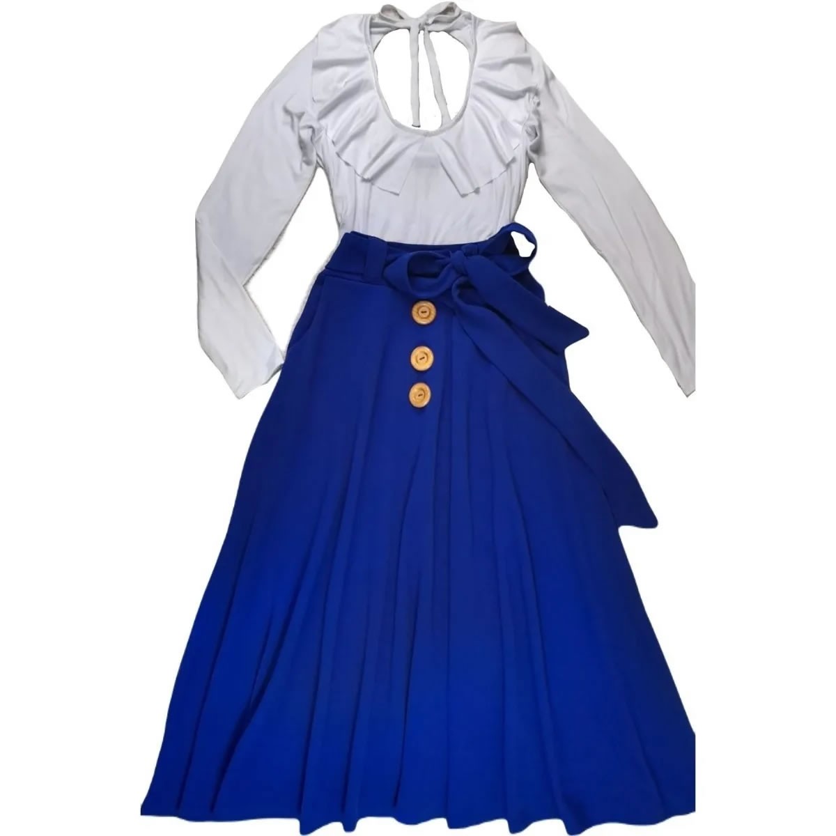 Long Sleeve Ruffle Neck Blouse And Maxi Skirt With Buttons