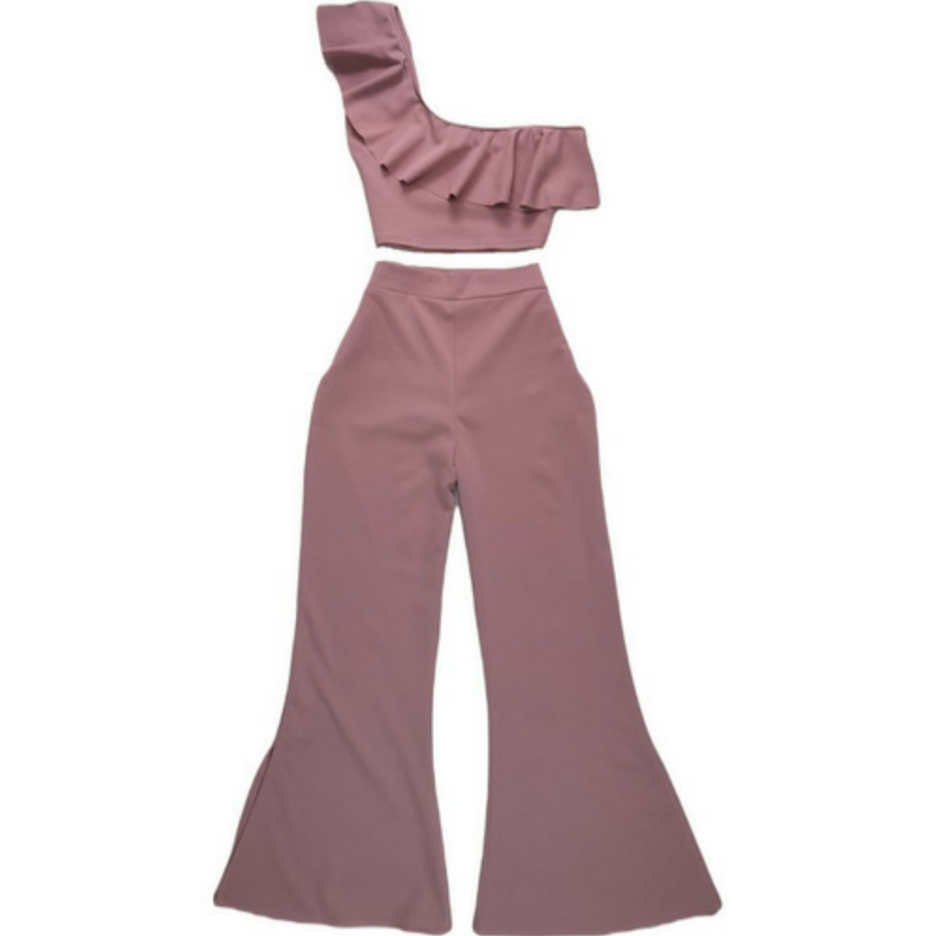 Asymmetrical Blouse With Ruffles And Flared Pants Set