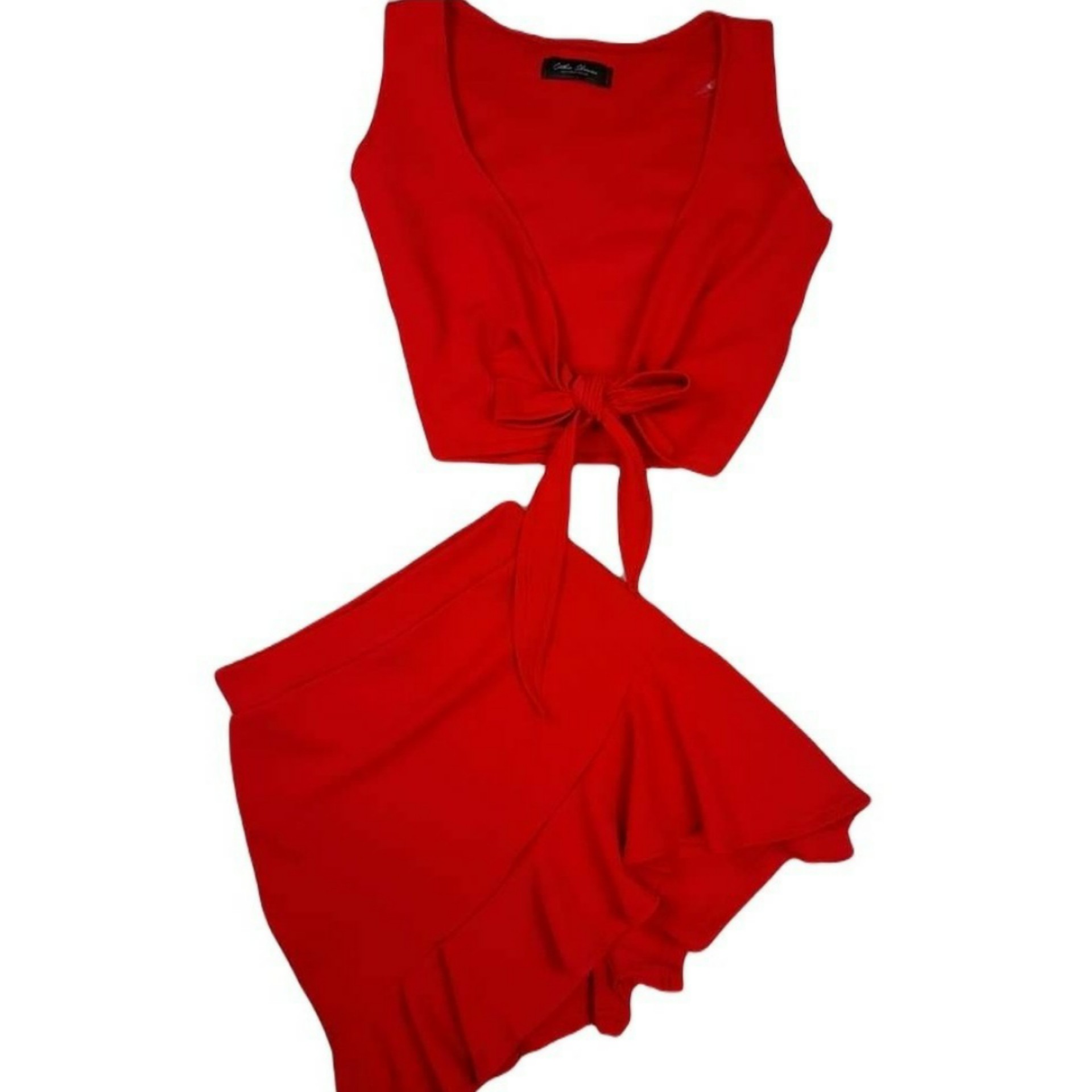 Strappy Blouse With Front Knot And Short Skirt Set