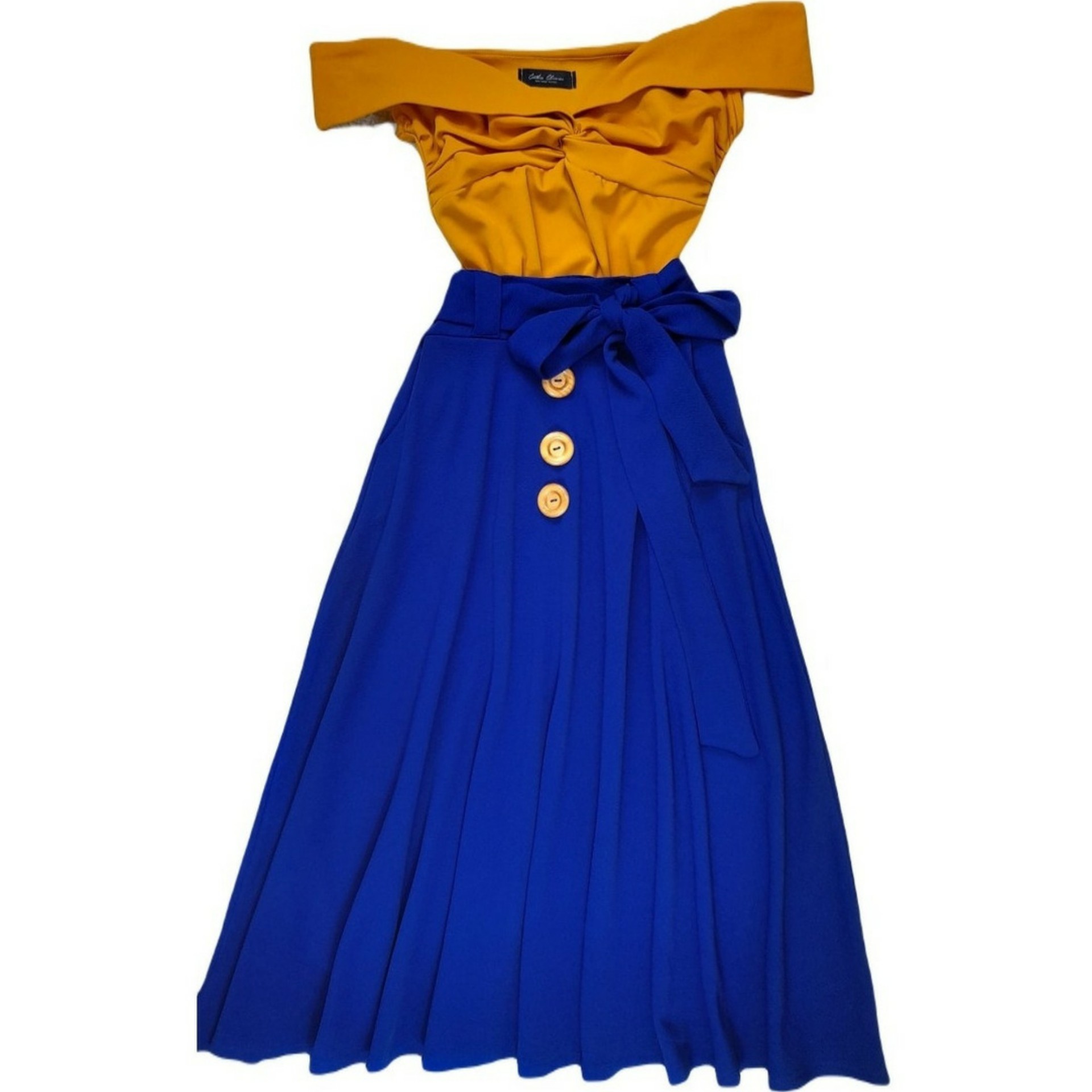 Mustard Yellow Strapless Blouse & Royal Blue Maxi Skirt Set / High-Waist Skirt / Off-Shoulder Top
