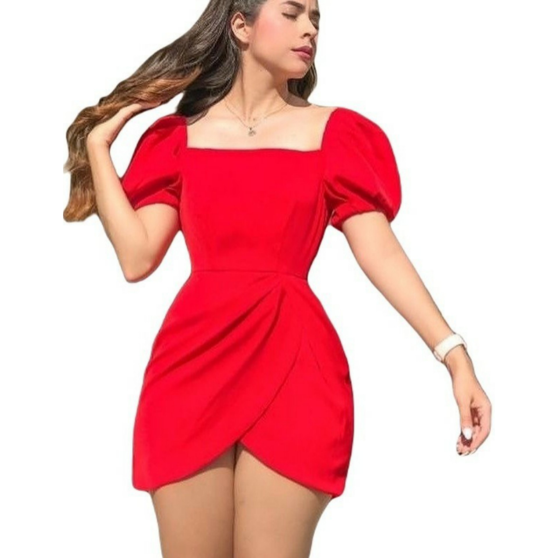 Square Neck Dress with Puff Sleeves and Wrap Skirt