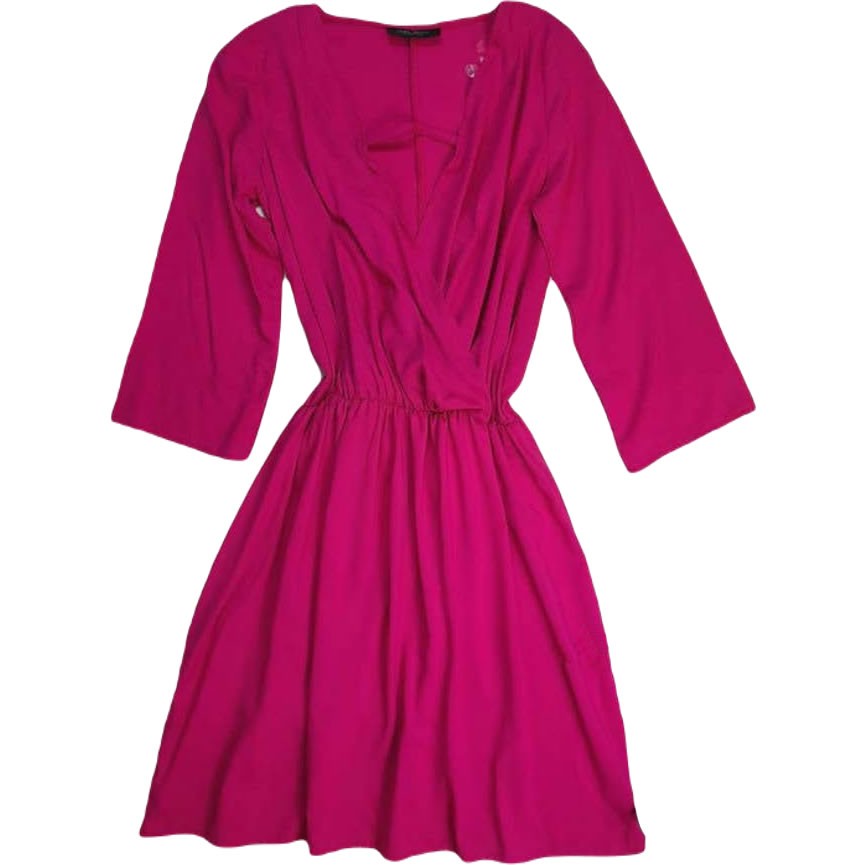 Long-sleeved dress with elastic waist and wraparound V-neck