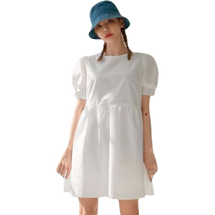 Round Neck Dress With Puff Sleeves