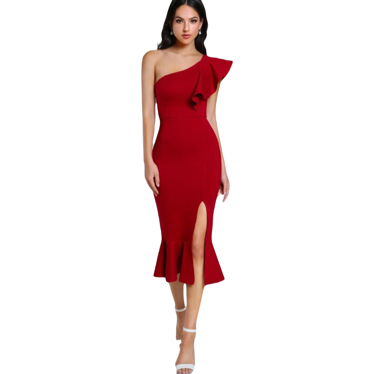 Dress with criss-cross frill, leg opening and mermaid-style finish