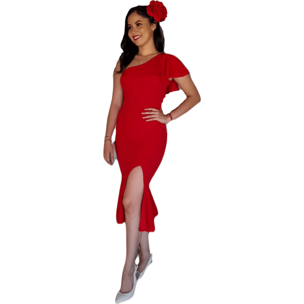 Dress with criss-cross frill, leg opening and mermaid-style finish