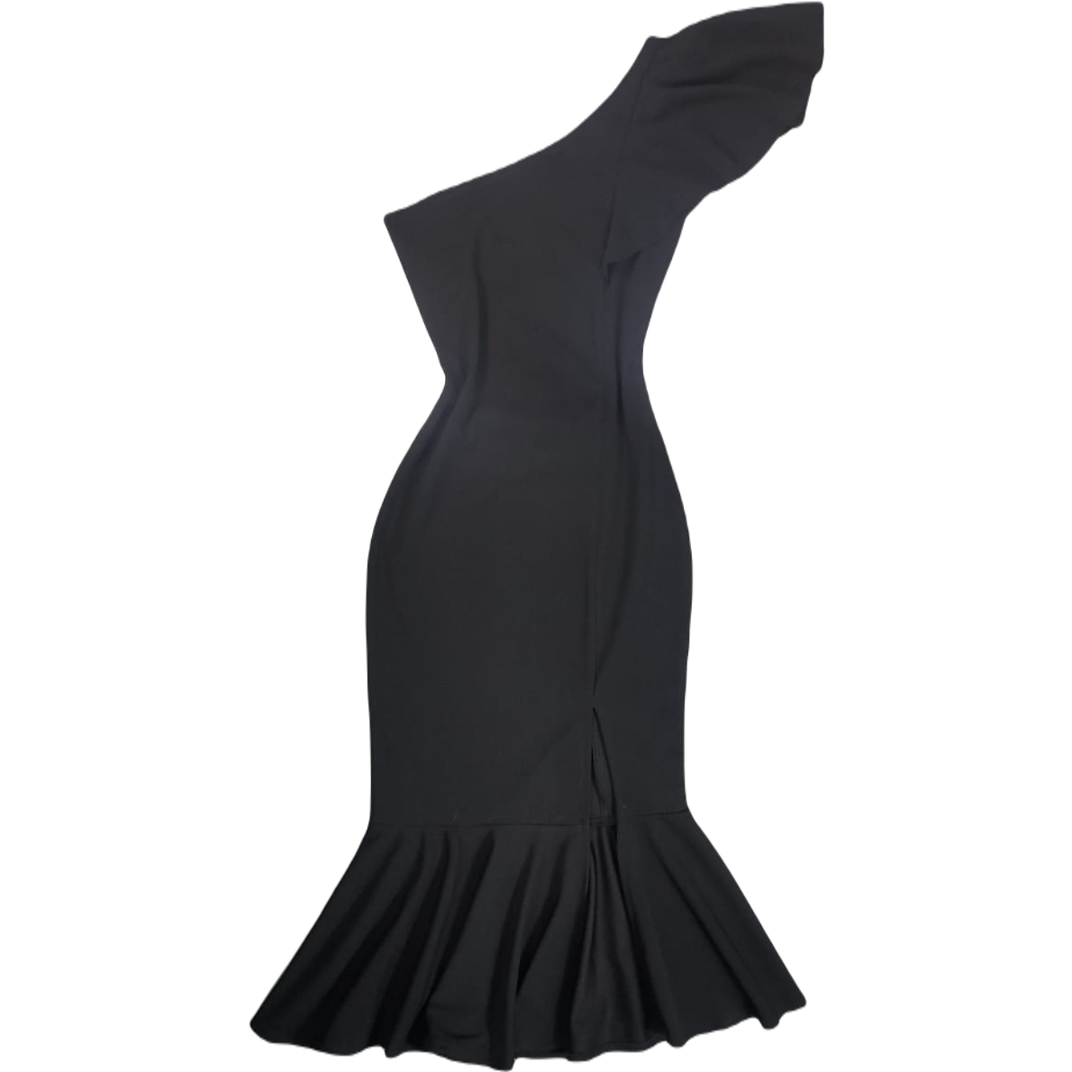 Dress with criss-cross frill, leg opening and mermaid-style finish