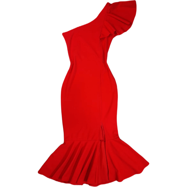 Dress with criss-cross frill, leg opening and mermaid-style finish