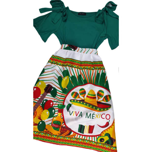 Short-sleeved blouse with frida khalo print Mexican skirt set