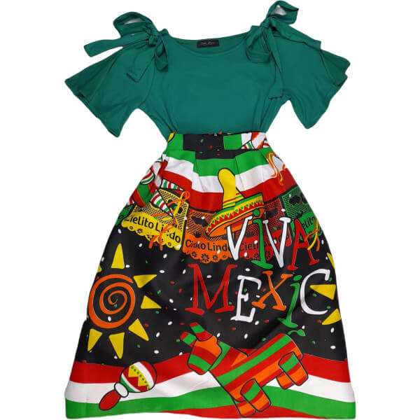 Short-sleeved blouse with frida khalo print Mexican skirt set