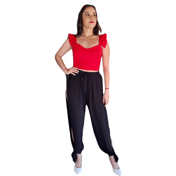 Strappy ruffled blouse and side slit pants set