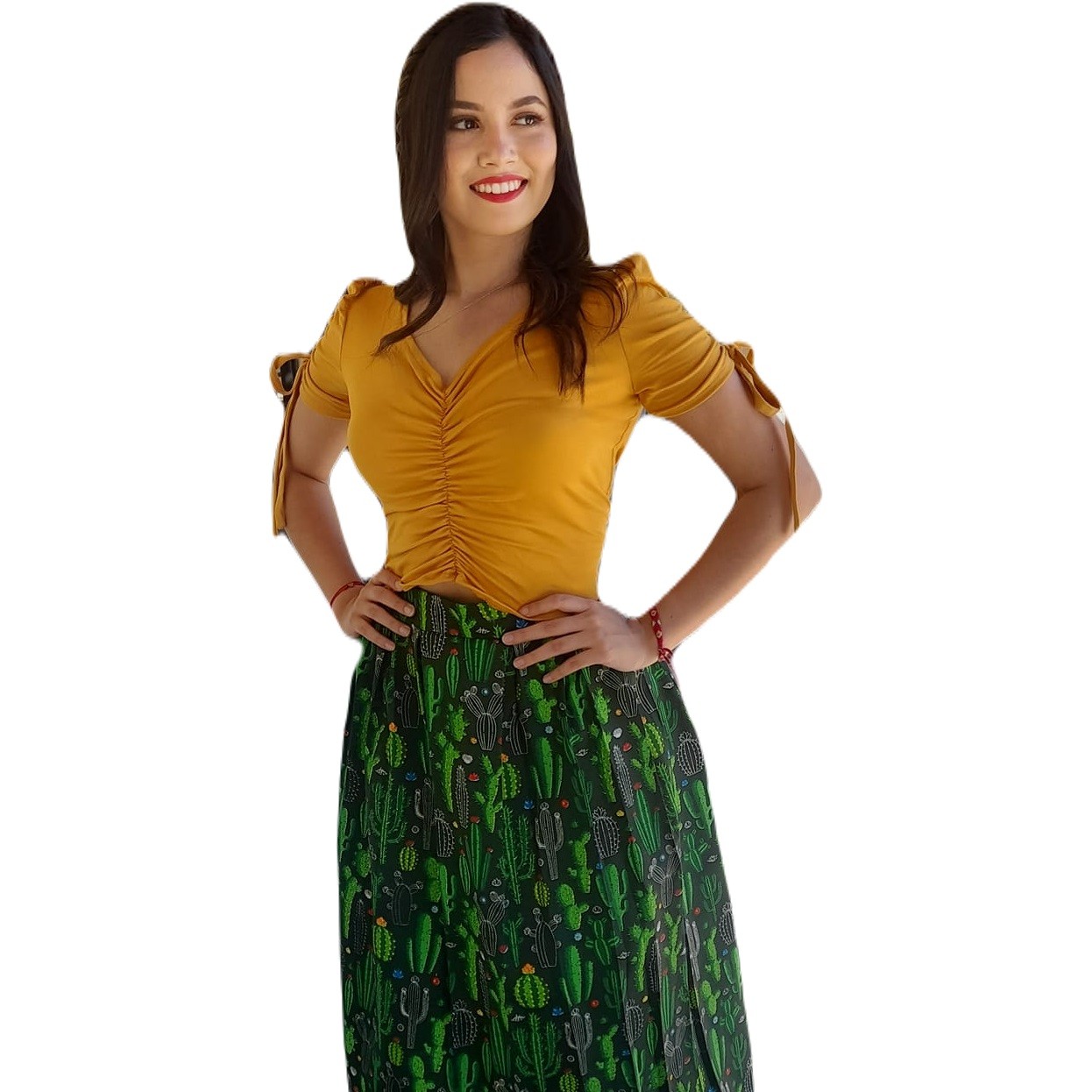 Set Blouse with gathered shoulders and knot and circular Mexican skirt