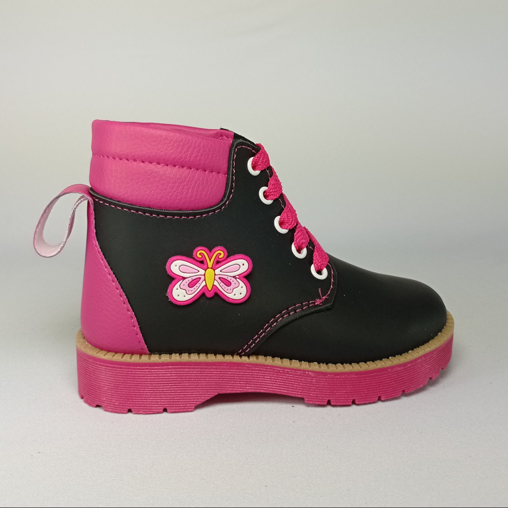 Black And Fuchsia With Butterfly Industrial Style Boots For Kids / Baby Footwear / Infant Boots