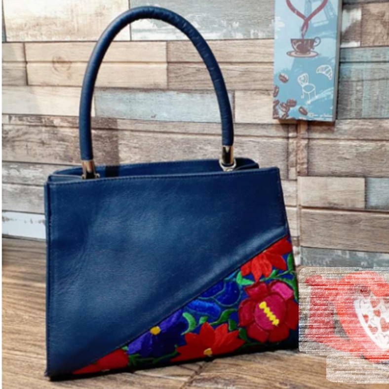 Blue Leather Bag With Flower Print Detail