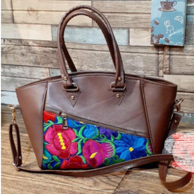 Brown Flower Print Leather Bag