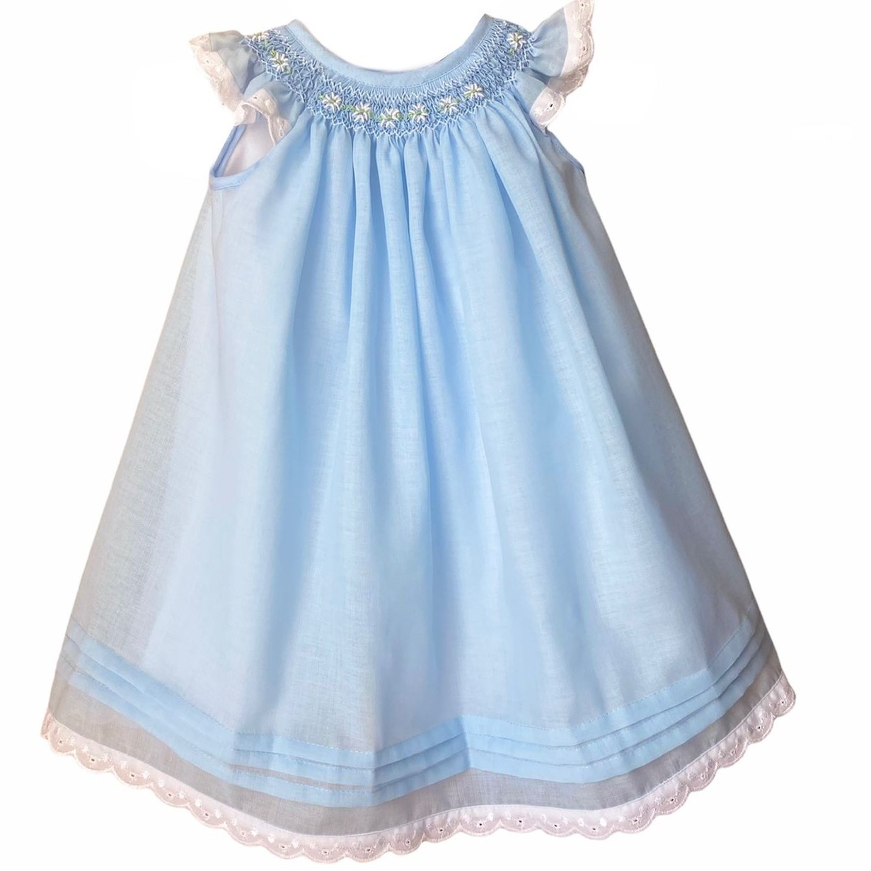 Girl's Dress with Hand Embroidery - Sky Blue Color with White Embroidery