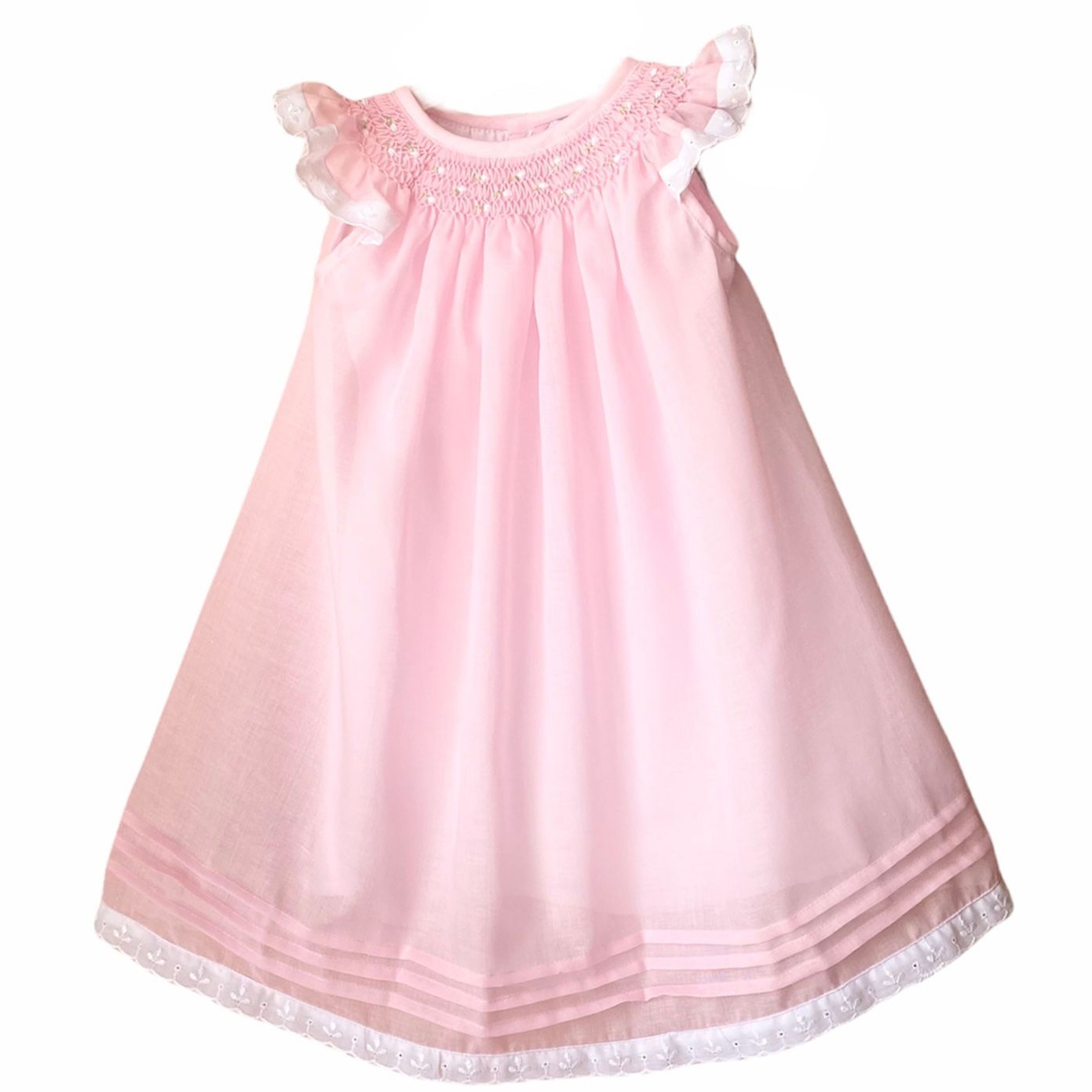 Girl's Dress with Hand Embroidery -  Pink Color with White Embroidery