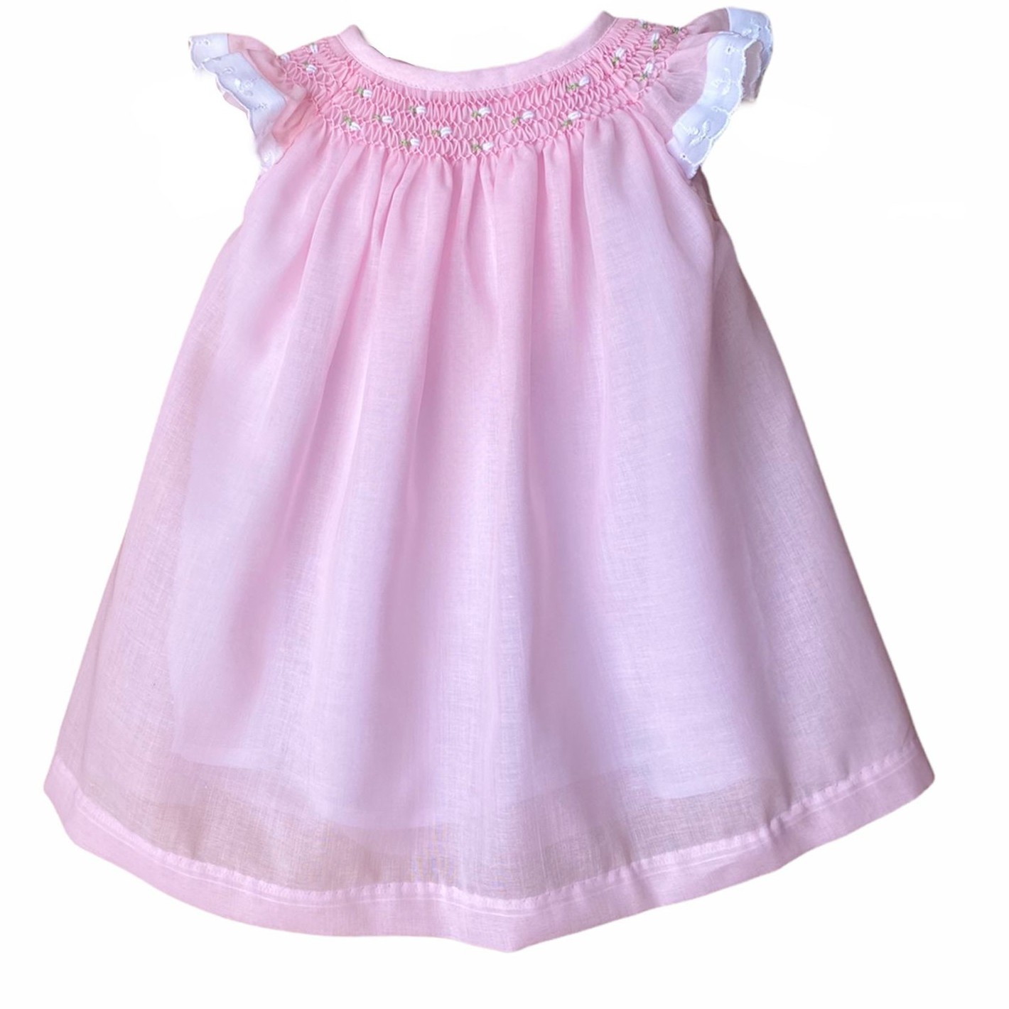 Girl's Dress with Hand Embroidery -  Pink Color with White Embroidery