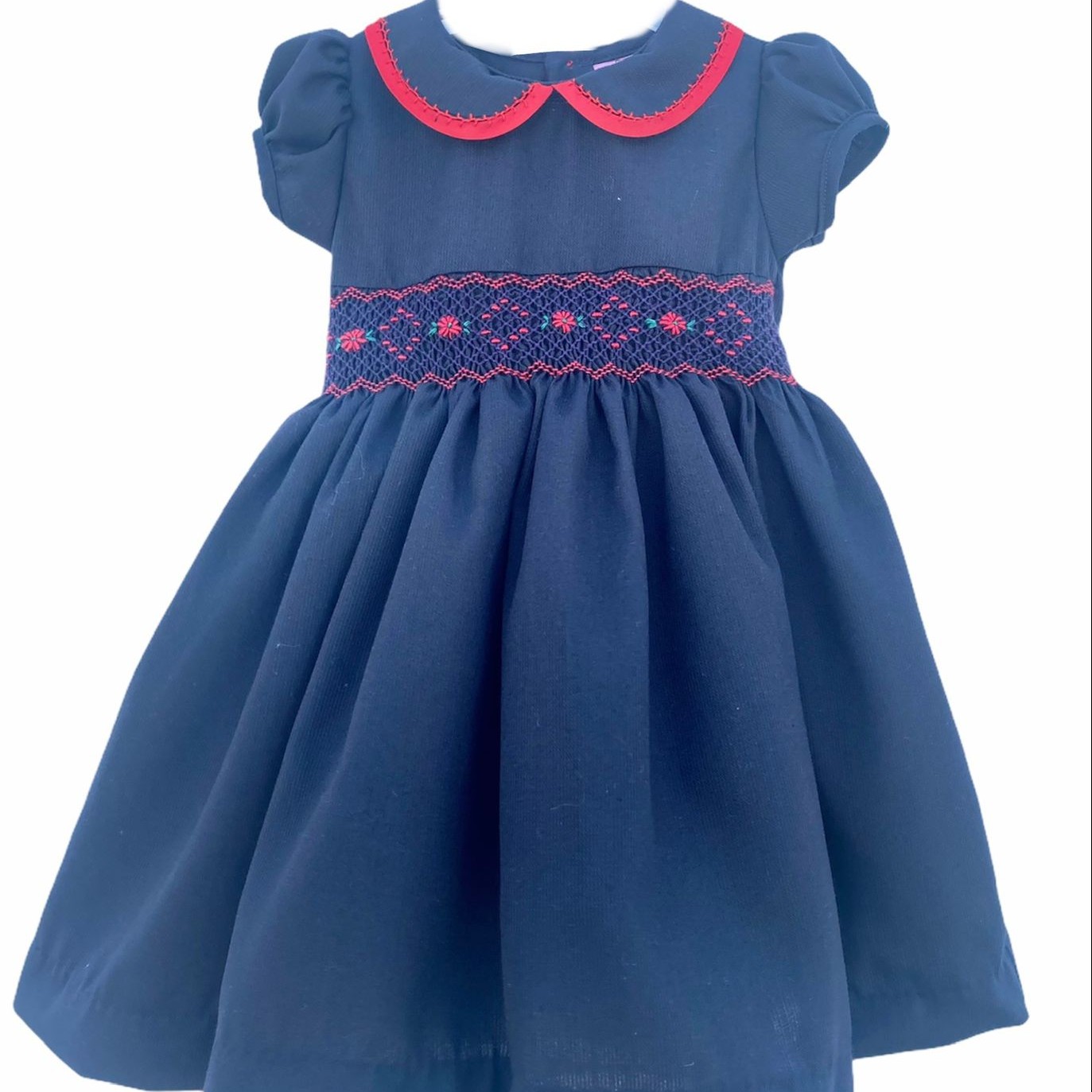 Girl's Dress with Hand Embroidery - Blue Color with Pink Embroidery