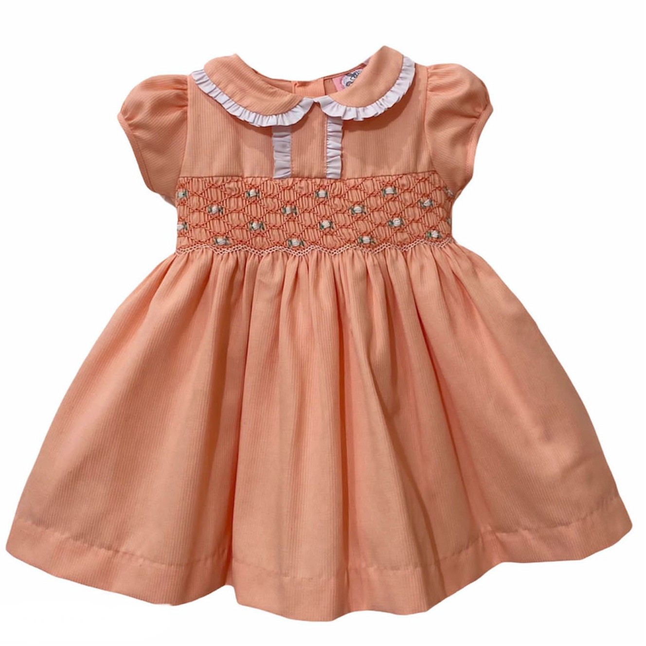 Girl's Dress with Hand Embroidery - Light Orange Color with White Embroidery