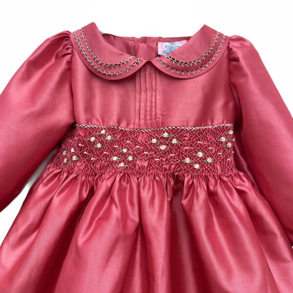 Pink Color Dress with Hand Embroideries in Taffeta, Hand Bowed Collar