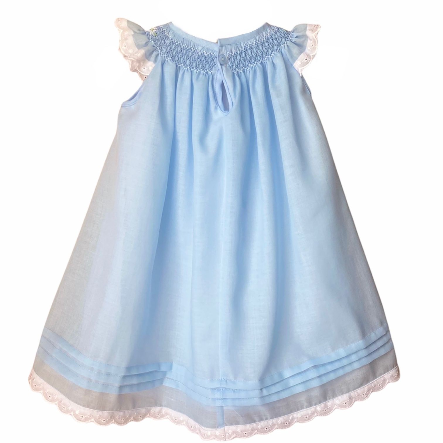 Girl's Dress with Hand Embroidery - Blue Sky Color with White Embroidery