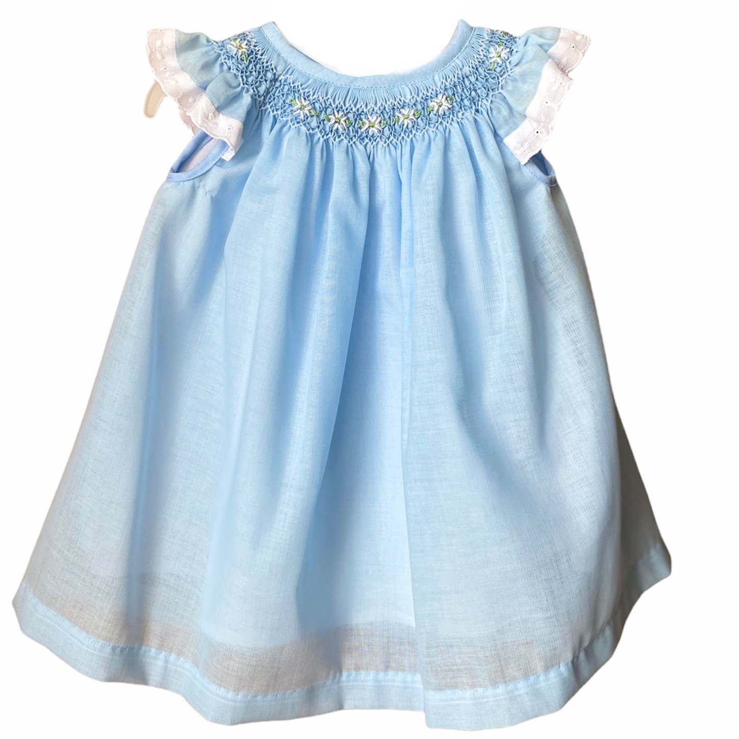 Girl's Dress with Hand Embroidery - Blue Sky Color with White and Flowers