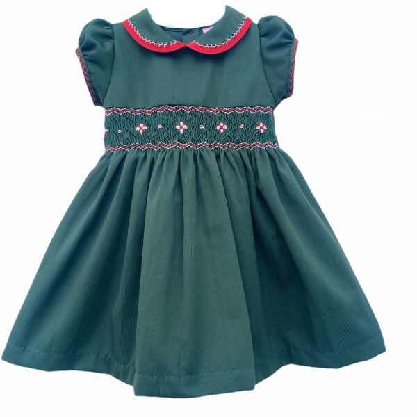 Girl's Dress with Hand Embroidery - Dark Green Color with Red and White