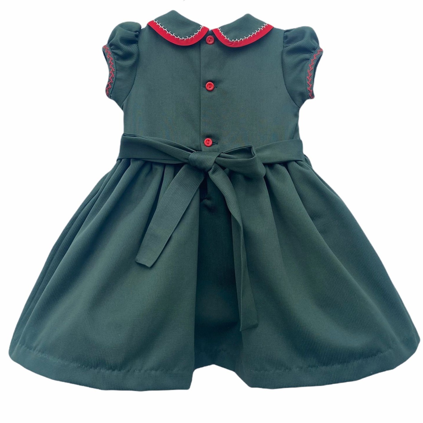 Girl's Dress with Hand Embroidery - Dark Green Color with Red and White