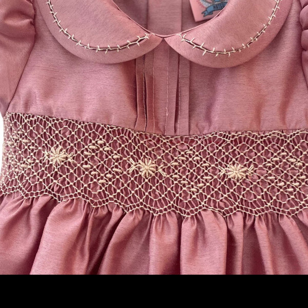 Girl's Dress with Hand Embroidery - Pink Color with Gold Embroidery