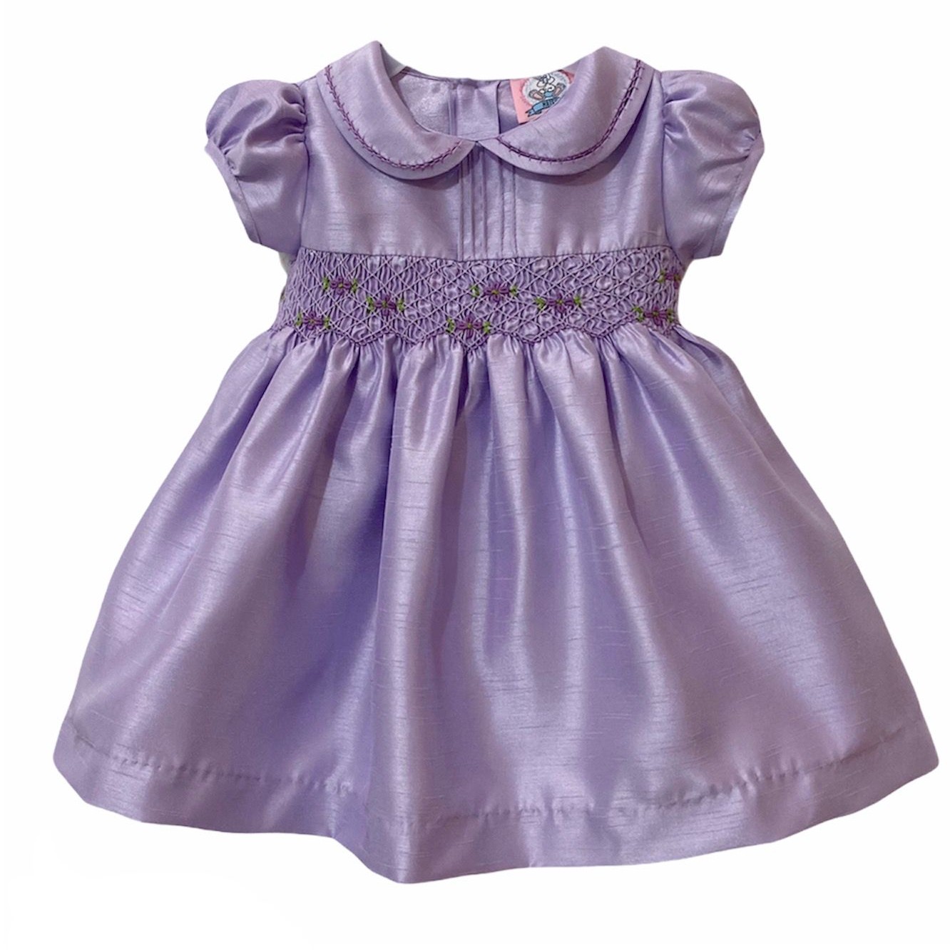 Girl's Dress with Hand Embroidery - Lilac Color with Purple Floral Embroidery